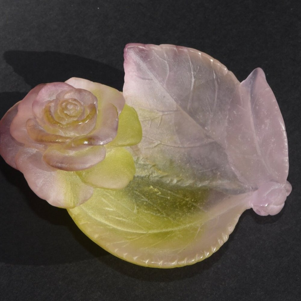 DAUM Pate de Verre Rose Vide Poche Small Ornamental Bowl French Art Glass MC1514